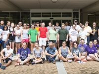 A group of students pose outside the LSU Law Center